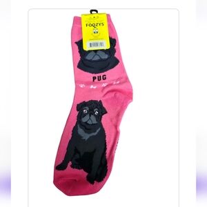Foozys Black Pug hot pink crew socks NWT